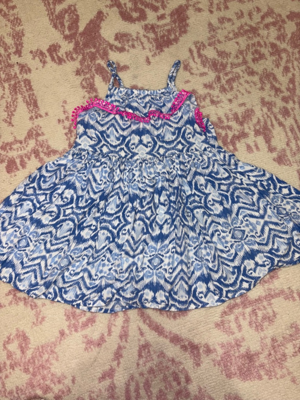 OshKosh B’gosh Blue & White Printed Sundress with Pink Crochet Trim 2T Girl